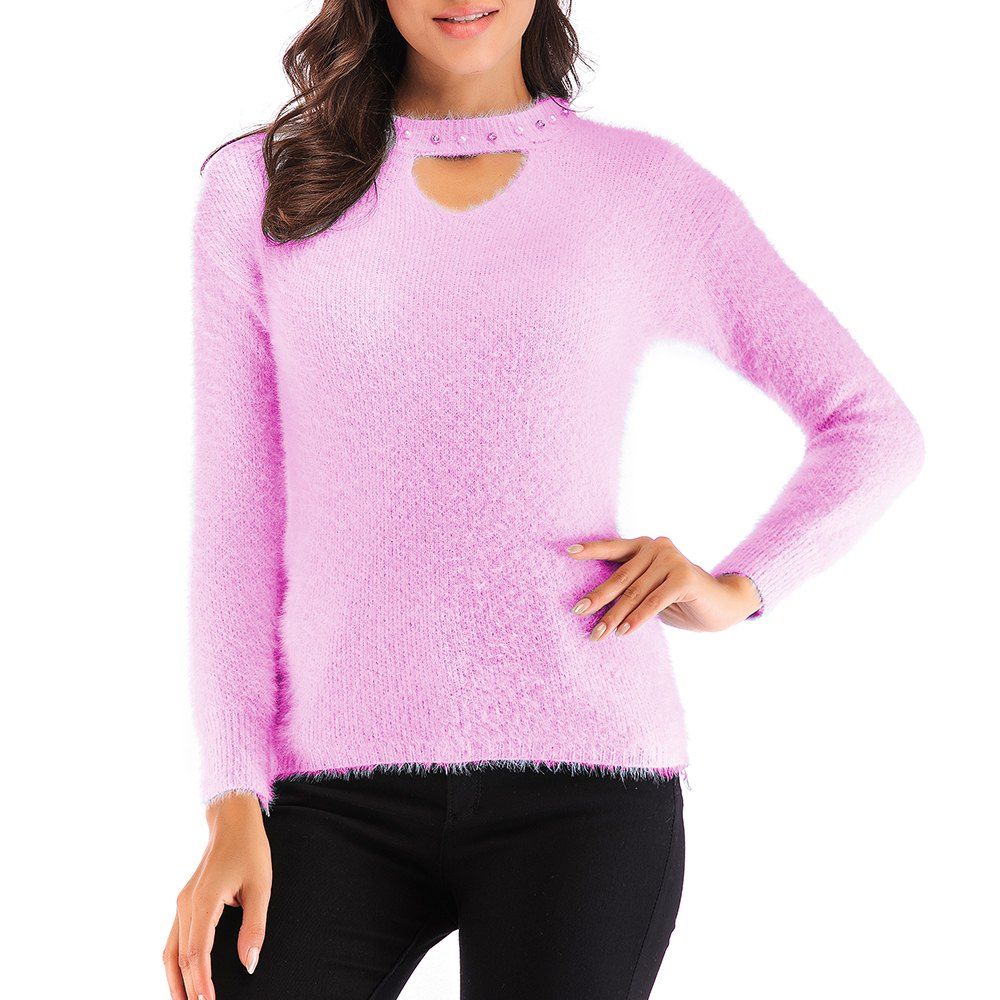 

Autumn and Winter New women'S Sweet Hollow Beaded Thick Pullover Sweater, Mauve