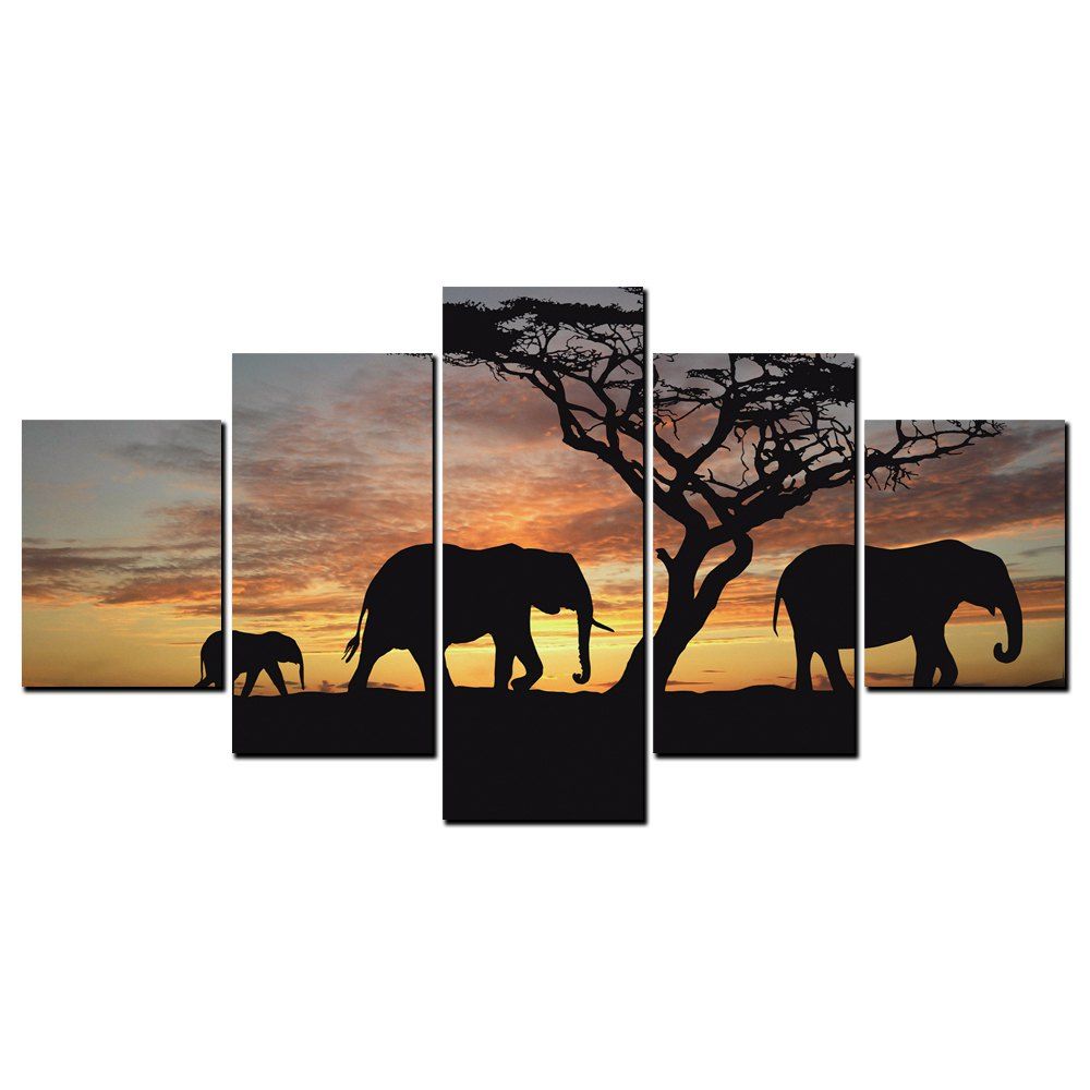 

YISHIYUAN 5 Pcs HD Inkjet Paints Elephant Family Portrait Decorative Painting, Multi