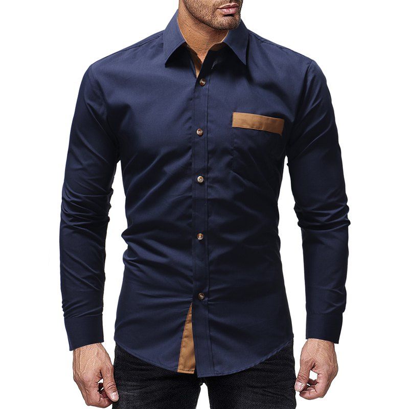 

Winter Pocket Color Matching Men's Casual Slim Long-Sleeved Shirt, Cadetblue