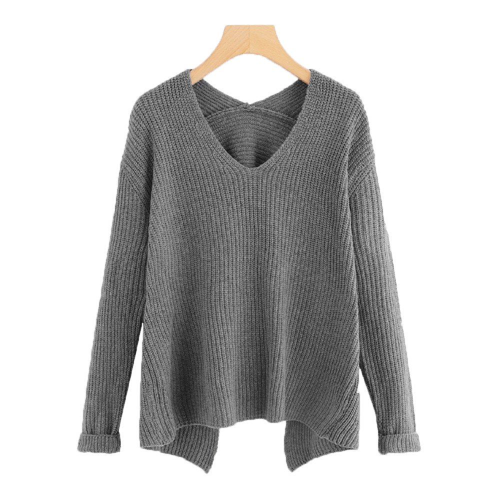 

Women's V Collar Long Sleeve Loose Sweater, Gray