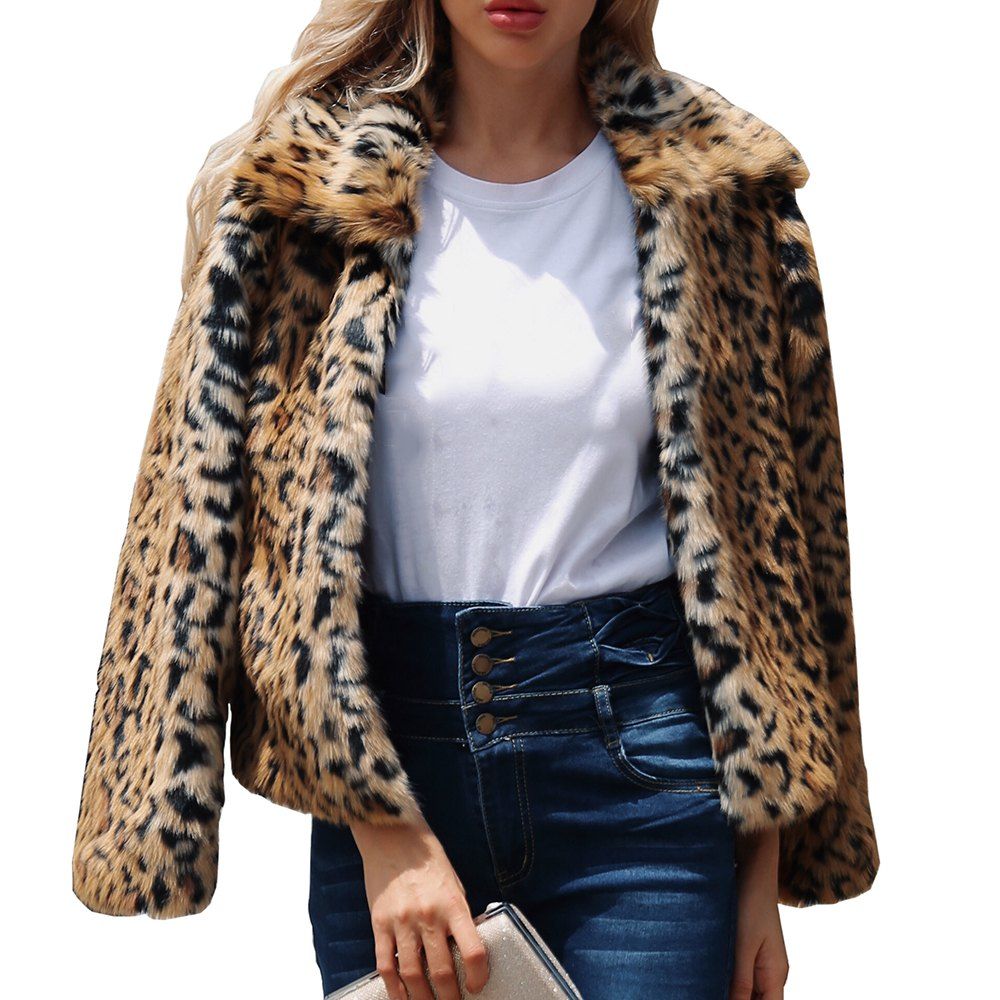 Best Women's Faux Fur Jacket Leopard Turndown Collar Winter Coat  