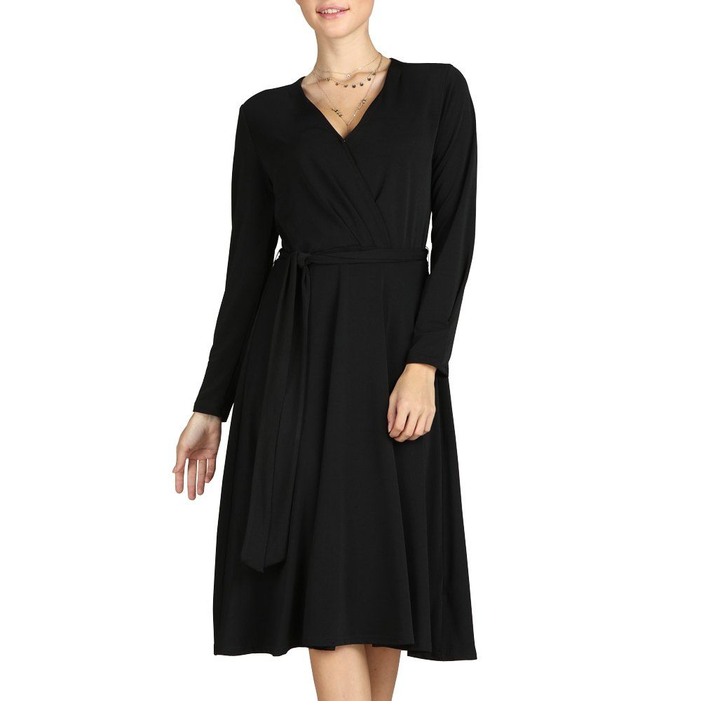 

SBETRO Casual Dress Black Deep V Neck Elegant Long Sleeve Autumn Winter