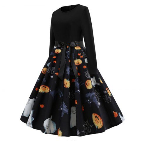 

Halloween Print Splicing Long-Sleeved Dress, Black