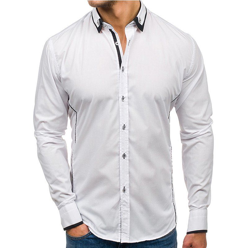 

Winter New Contrast Color Double Collar Men's Casual Slim Long Sleeve Shirt, White