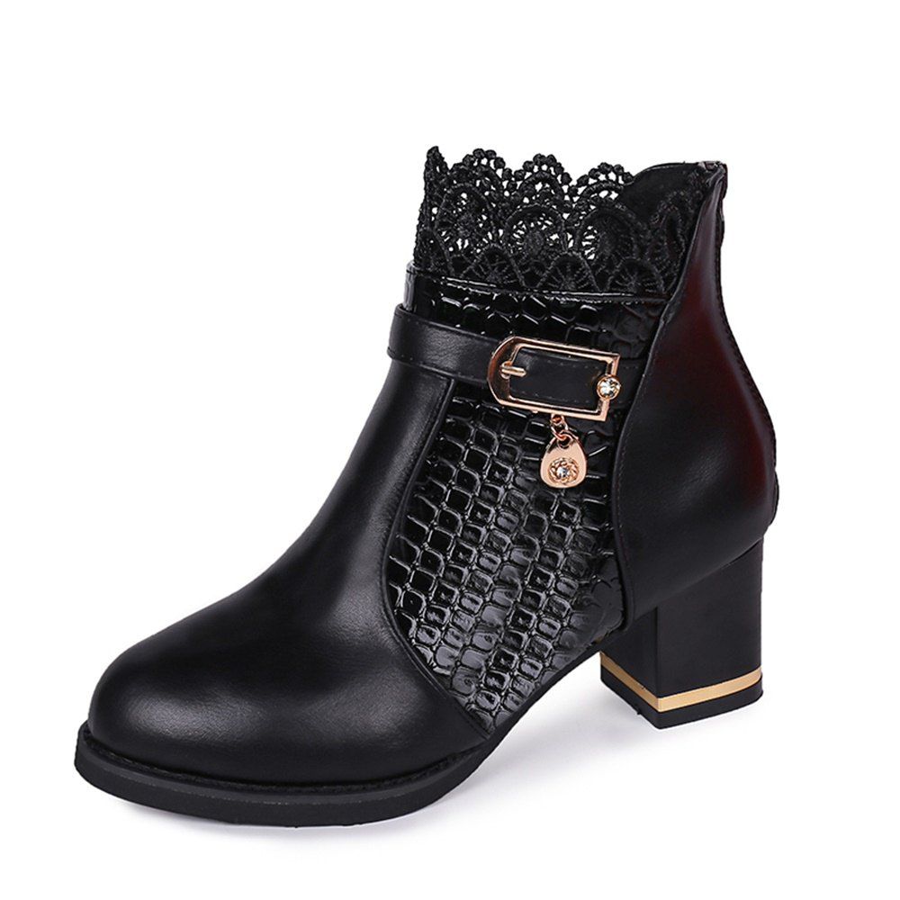 

Fashion Heeled Rough Heel Lace Warm Boots, Black