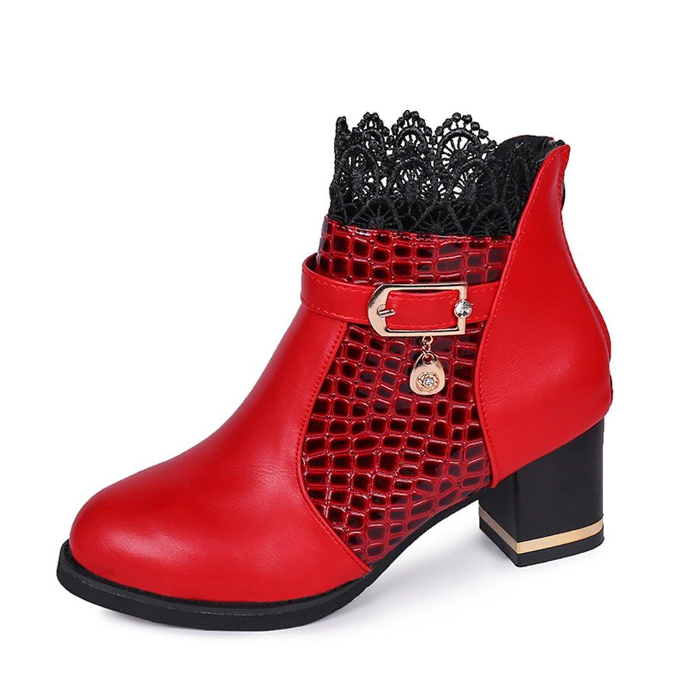 

Fashion Heeled Rough Heel Lace Warm Boots, Red