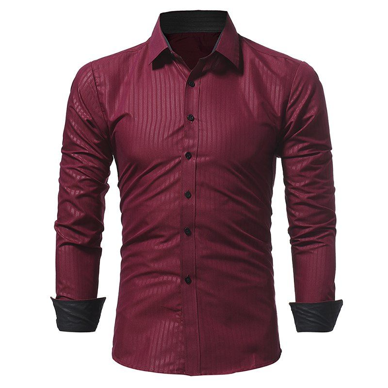 

Men's Dark Stripe Embossed Casual Slim Long Sleeve Shirt, Red