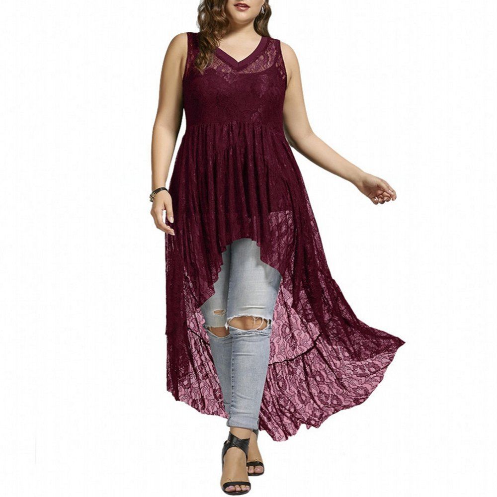 

Women's Solid Color V-neck Sleeveless Slim Waist Assymetric Plus Size Lace Dress, Red wine