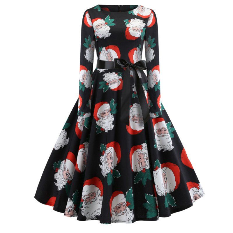 

Christmas Print Long-Sleeved Dress, Black