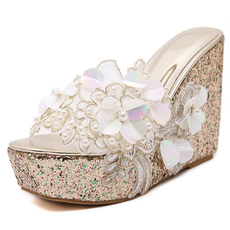 

Women's Wedge Shoes Fashion Slippers with Flowers White, Gold;gold silver white pink