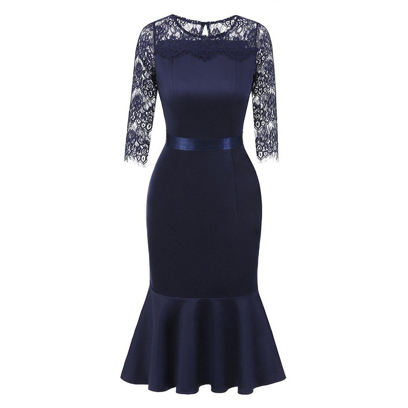 

Autumn Collar Round Neck Seven Point Sleeves Thin Lace Dress, Cadetblue