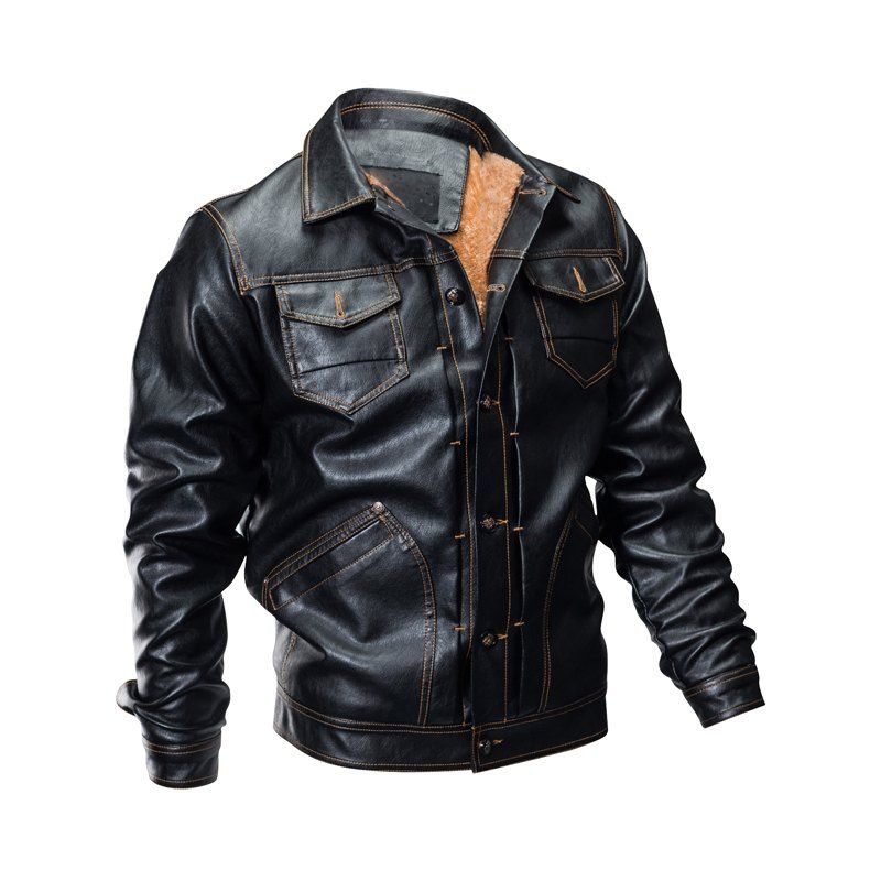 

Winter Men's Fashion Turn-Down Leather Jacket, 888, Black