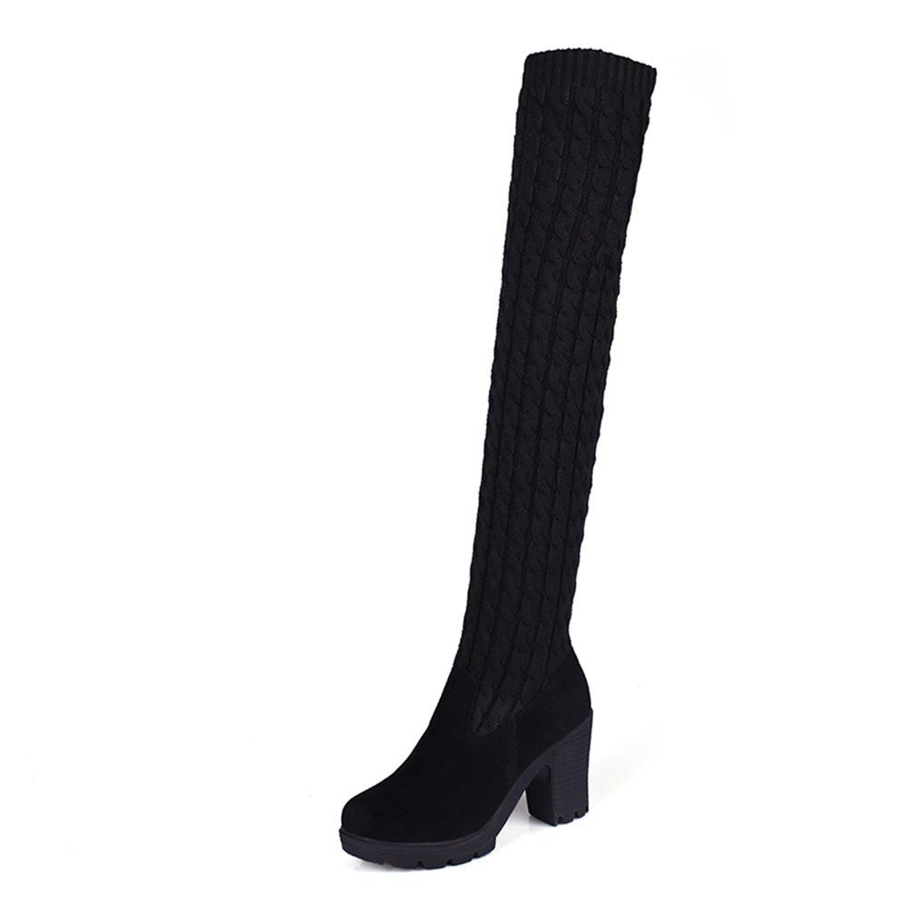 

Fashionable Wool Elastic Rough Knee Boots, Black