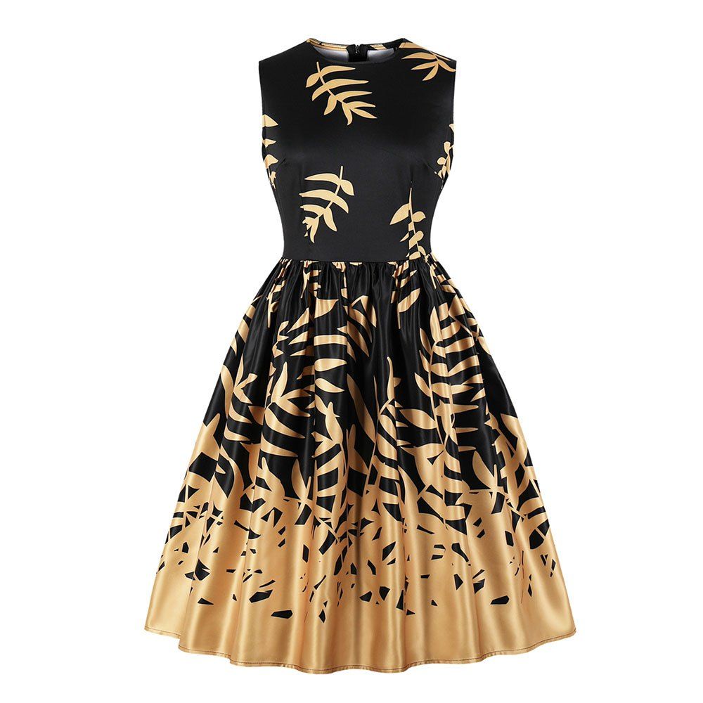 

Round Collar Leaves of Printing Dress, Black
