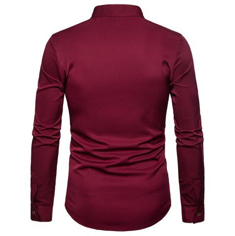 

Men's Fashion Court Embroidered Top Long Sleeve Casual Slim Shirt, Red wine