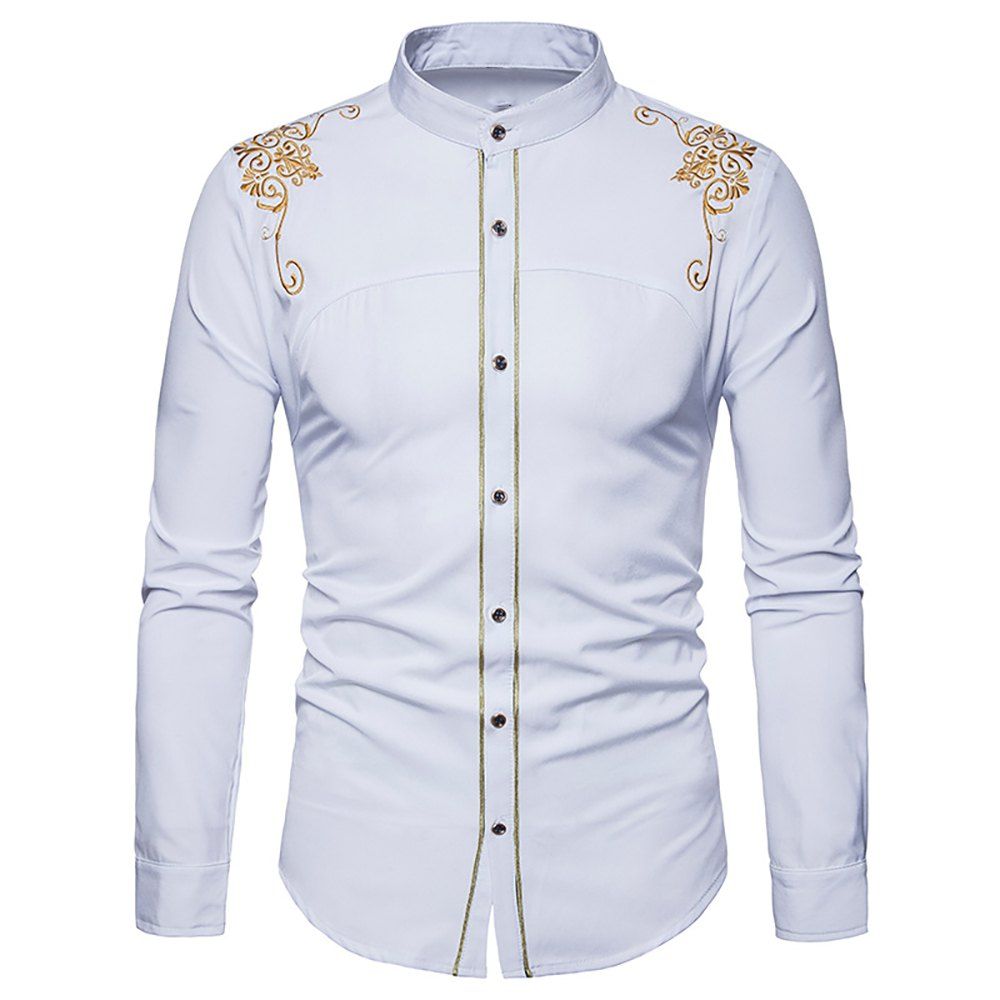 

Men's Fashion Court Embroidered Top Long Sleeve Casual Slim Shirt, White