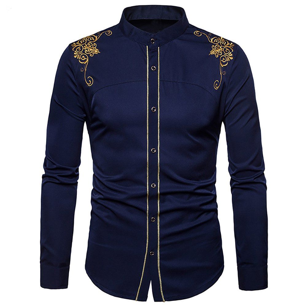 

Men's Fashion Court Embroidered Top Long Sleeve Casual Slim Shirt, Cadetblue