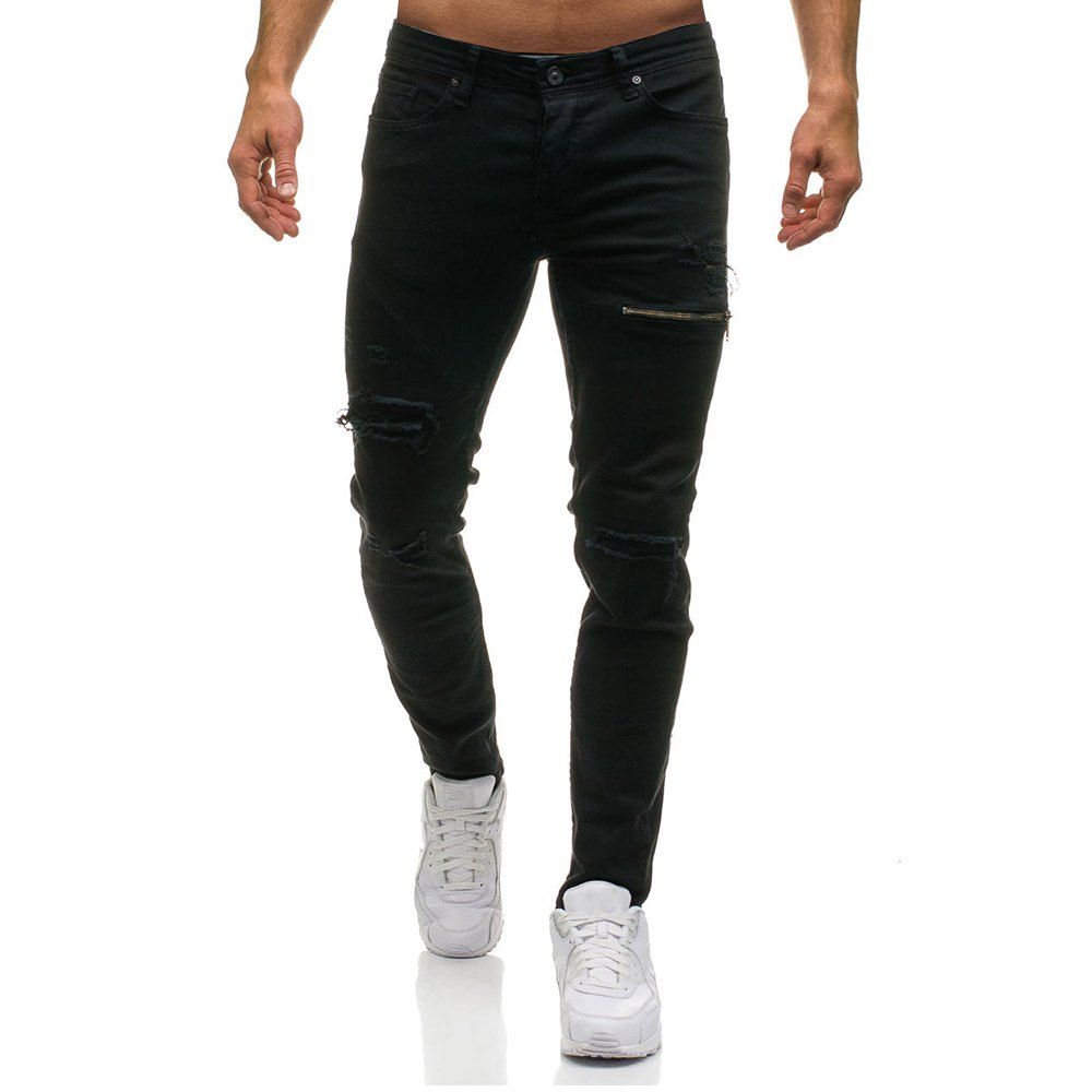 

Zipper Decoration Hole Jeans Men's Casual Trousers, Black;blue;green