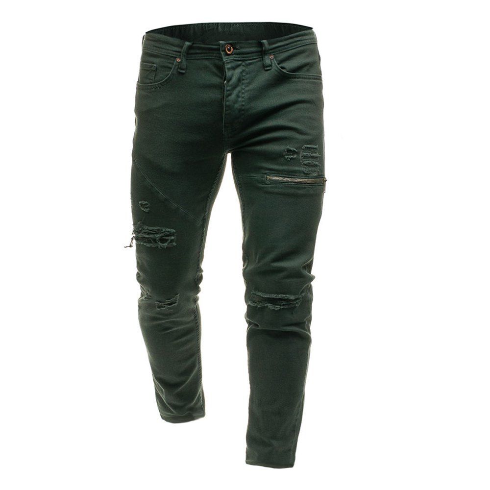 

Washed Ripped Jeans Zippered Men's Casual Trousers, Army green