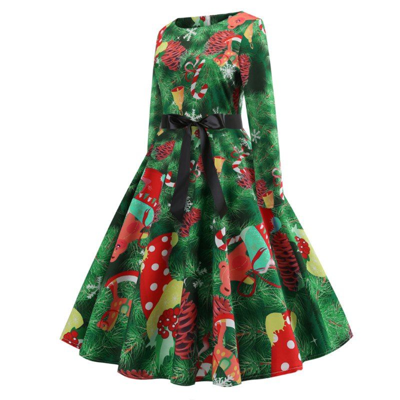 

Christmas Printed Women'S Dress, Pine green