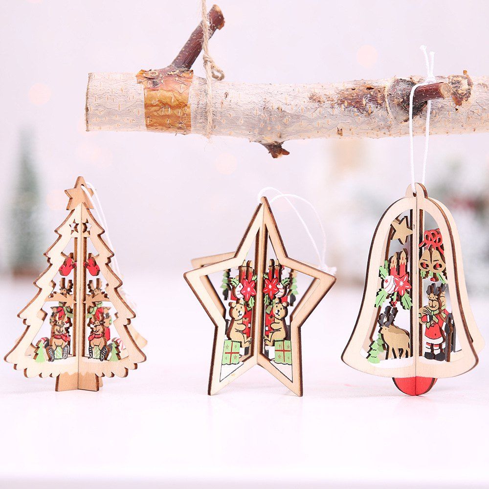 

3PC Christmas Tree Ornaments Hanging Xmas Tree 3D Pendants Wooden, Multi