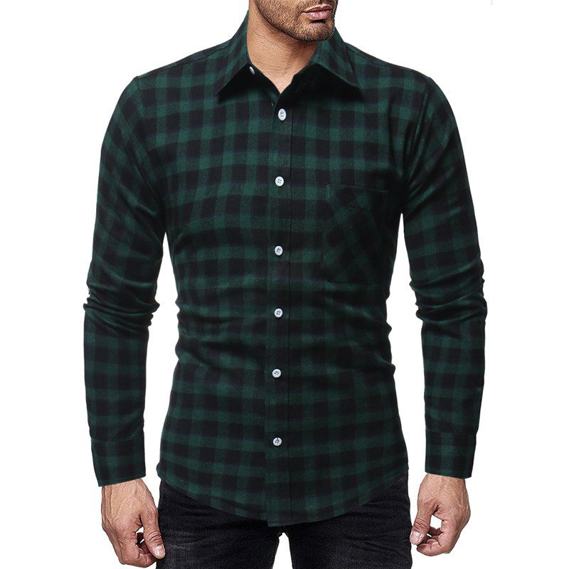 

Winter New Thick Plaid Men's Casual Slim Long-Sleeved Plaid Shirt, Deep green