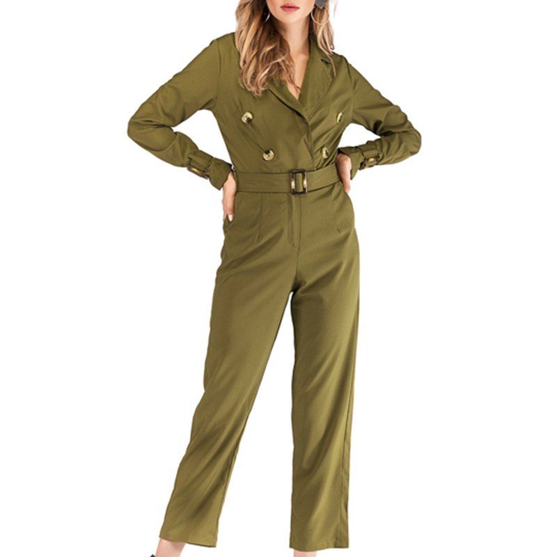 

Autumn Suit Lapel Jumpsuits with Cultivate One'S Morality, Avocado green