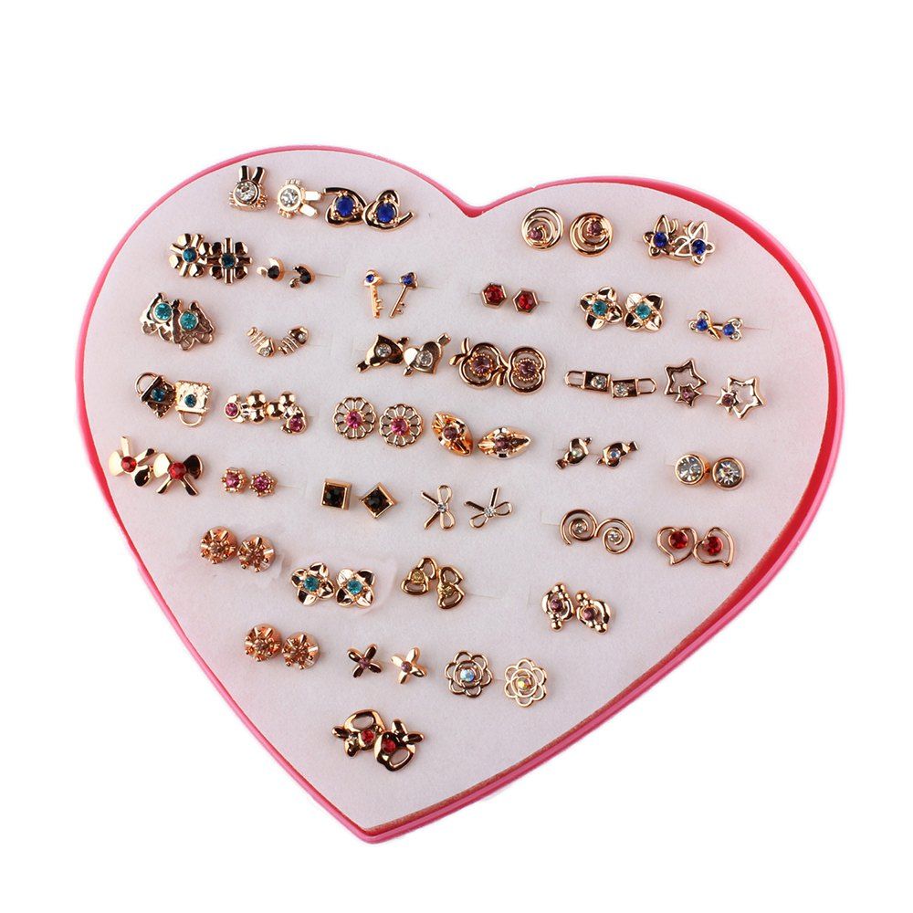 

Fashion Heart Box 36 Pairs of Exquisite Diamond-Encrusted Gold Earrings, Multi-a