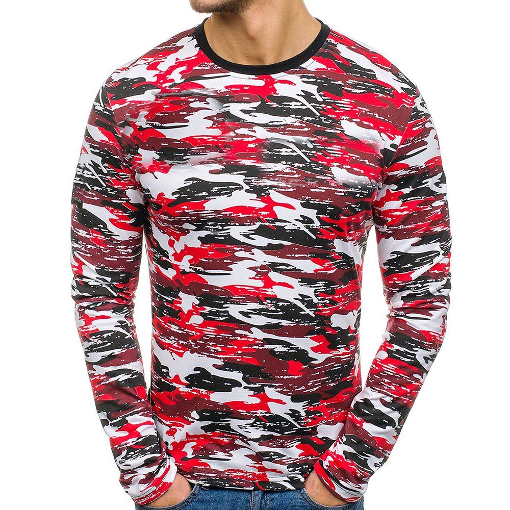 

Men's Casual T-Shirt Round Neck Long Sleeve Camouflage Print, Red