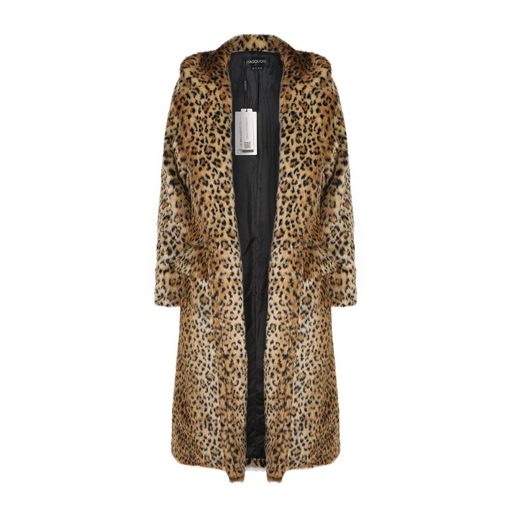 

HAODUOYI Women' Main Leopard Fur Coat Double Pocket Long Female Jacket Leopard