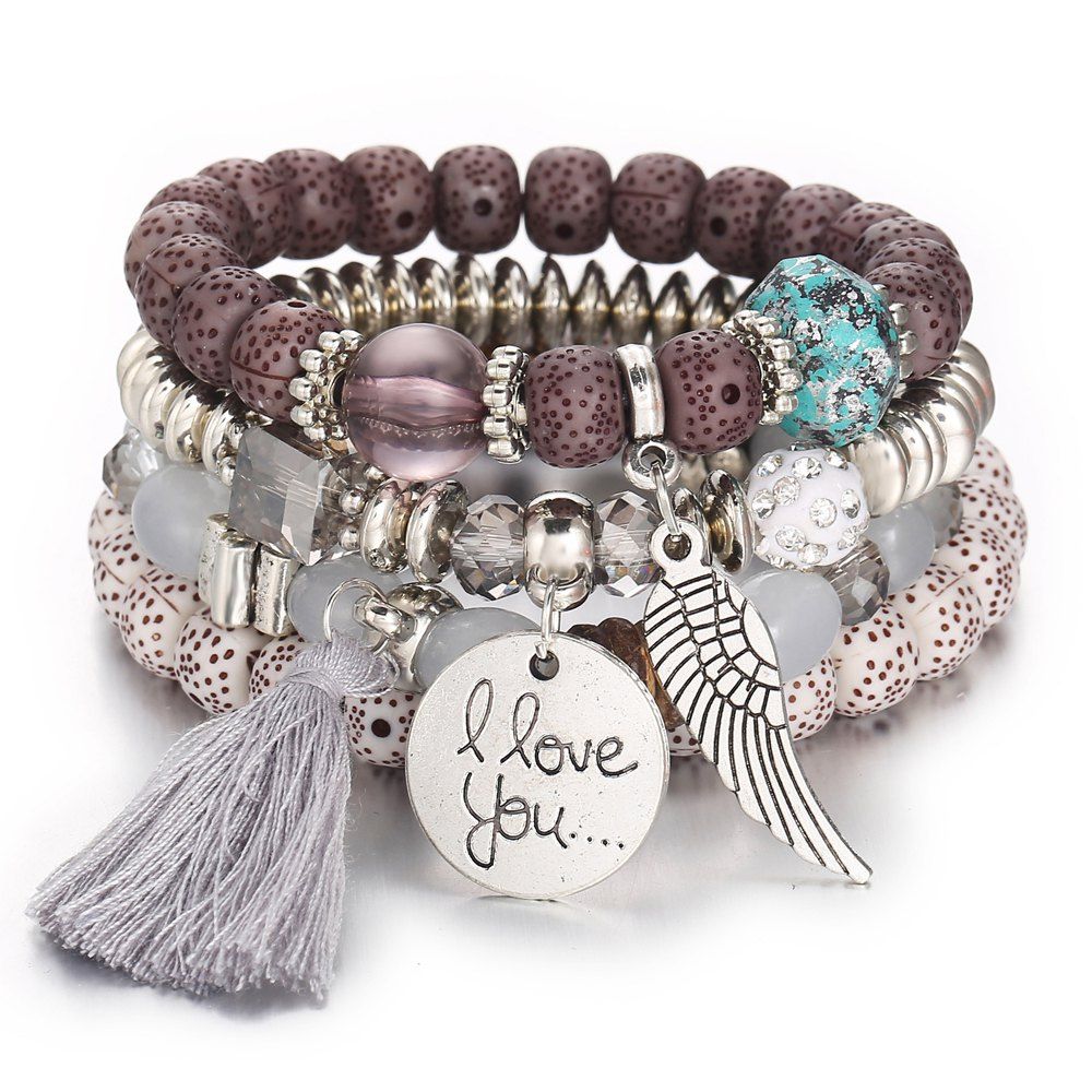 

Vintage Multilayer Beaded Bracelet for Men and Women, Gray