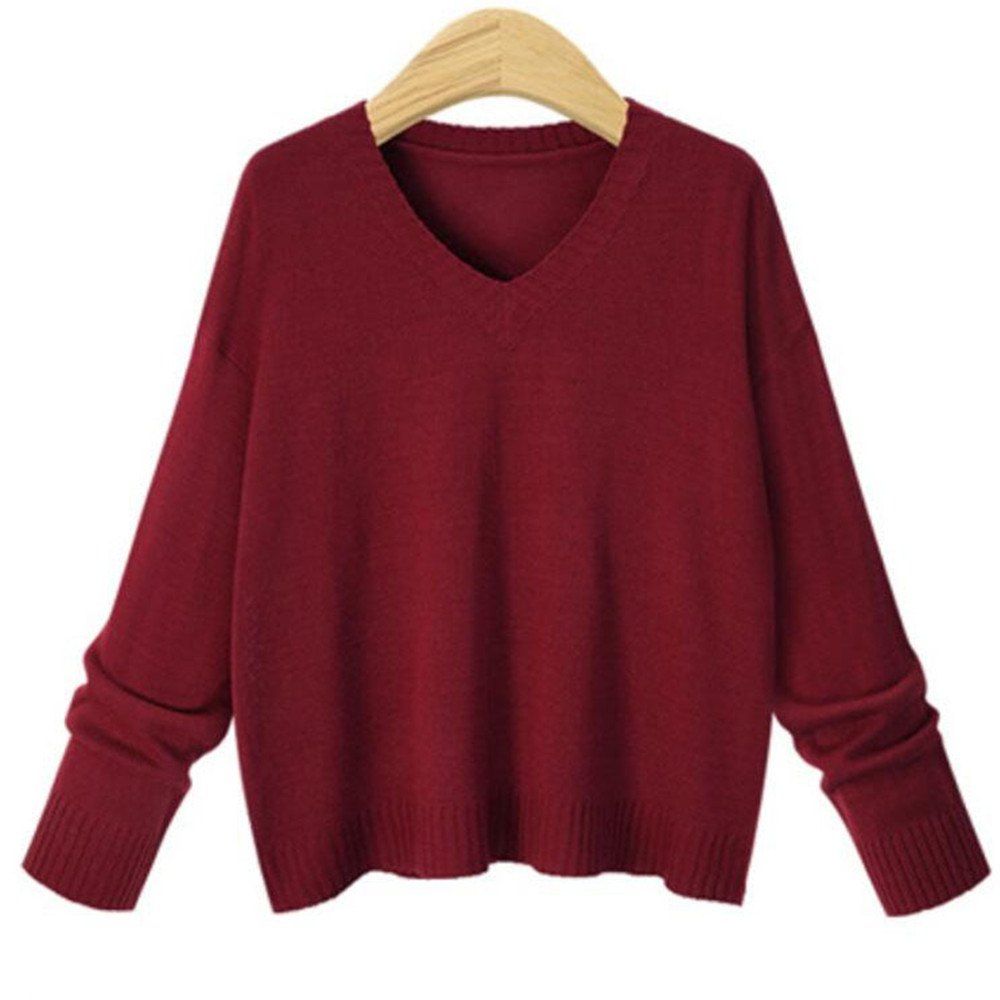 

Women's V Collar Long Sleeve Sweater, Red wine
