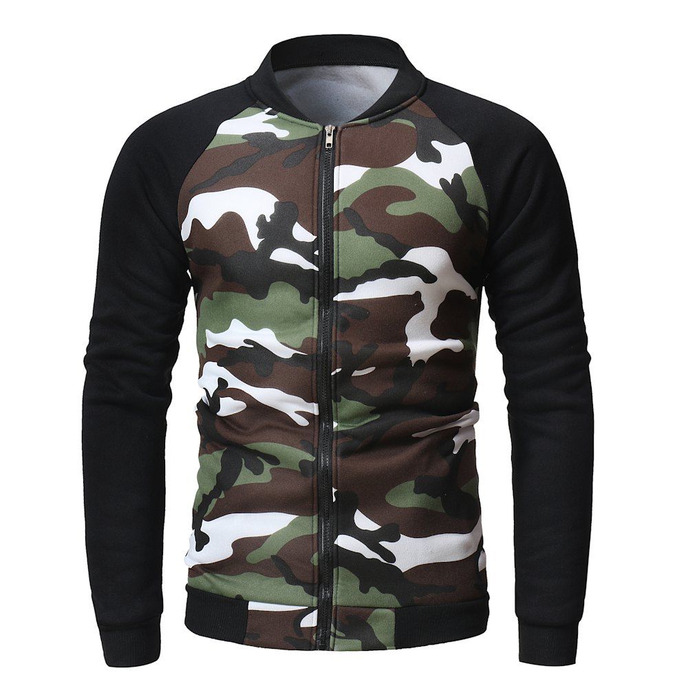 

Men's Baseball Jacket Camouflage Raglan Long Sleeve Zipper Up Sport Jacket, Black