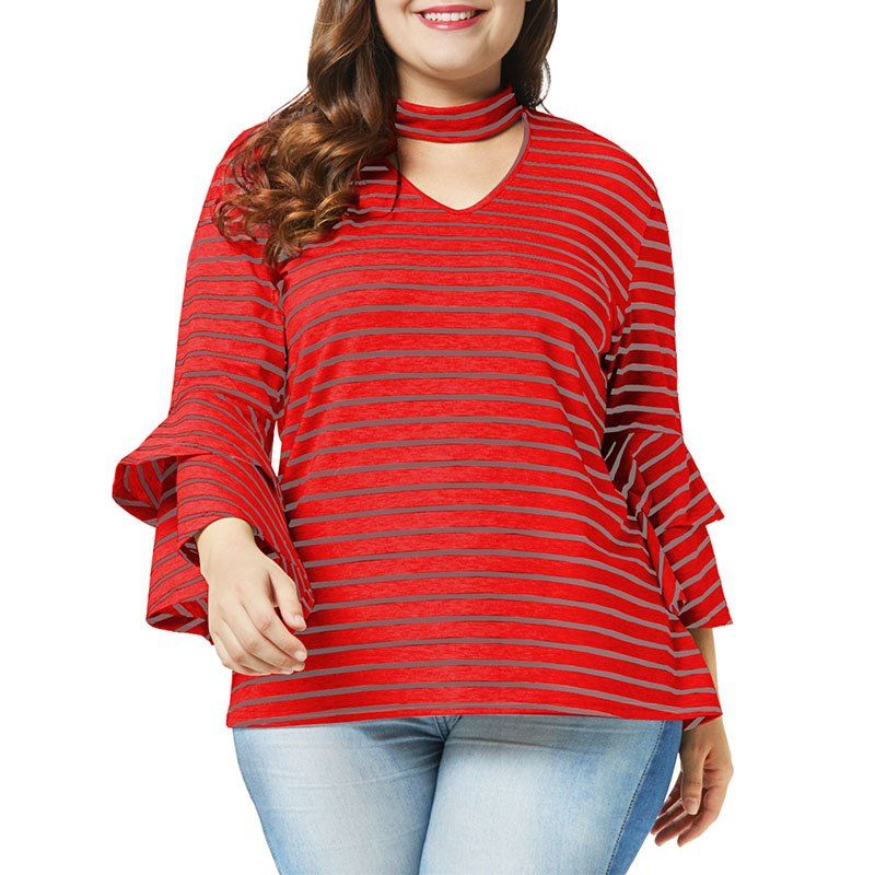 

High Collar Hollow Out Double Layer Sleeve Stripe T Shirt, Valentine red
