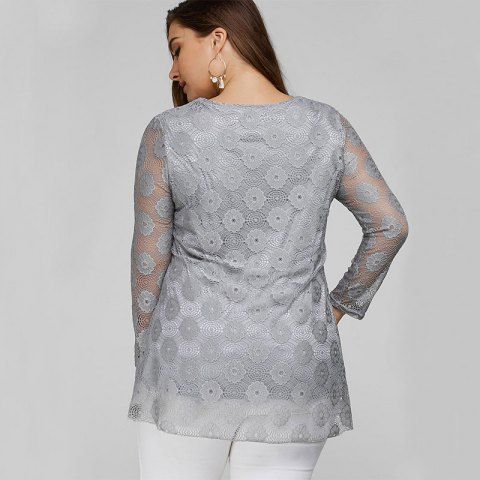 

Solid Color Lace Hollow Out Long Sleeve T Shirt, Light gray