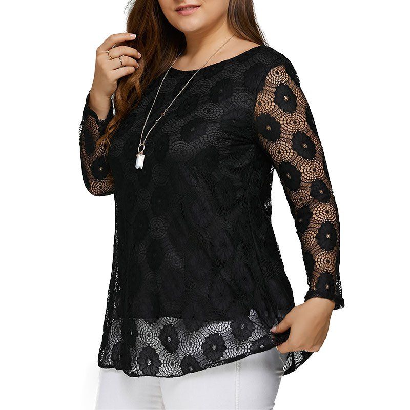 

Solid Color Lace Hollow Out Long Sleeve T Shirt, Black