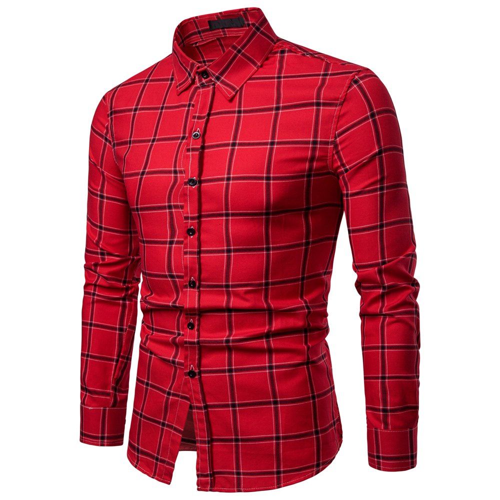 

Men's Casual Striped Plaid Fashion Long Sleeve Shirt, Red