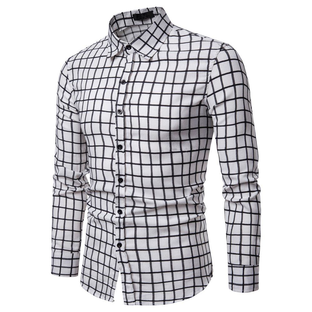 

Men's Small Plaid Casual Fashion Wild Long-Sleeved Shirt, White