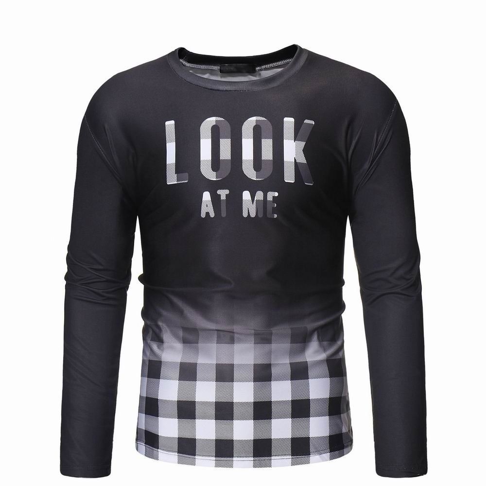 

Gradient Plaid Fashion Letter Print Men's Long Sleeve Casual T-shirt, Black