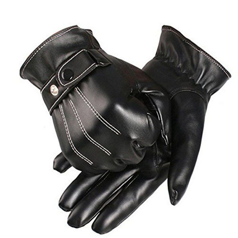 

Men Winter Male PU Leather Short Thick Gloves Car Driving Mittens, Black