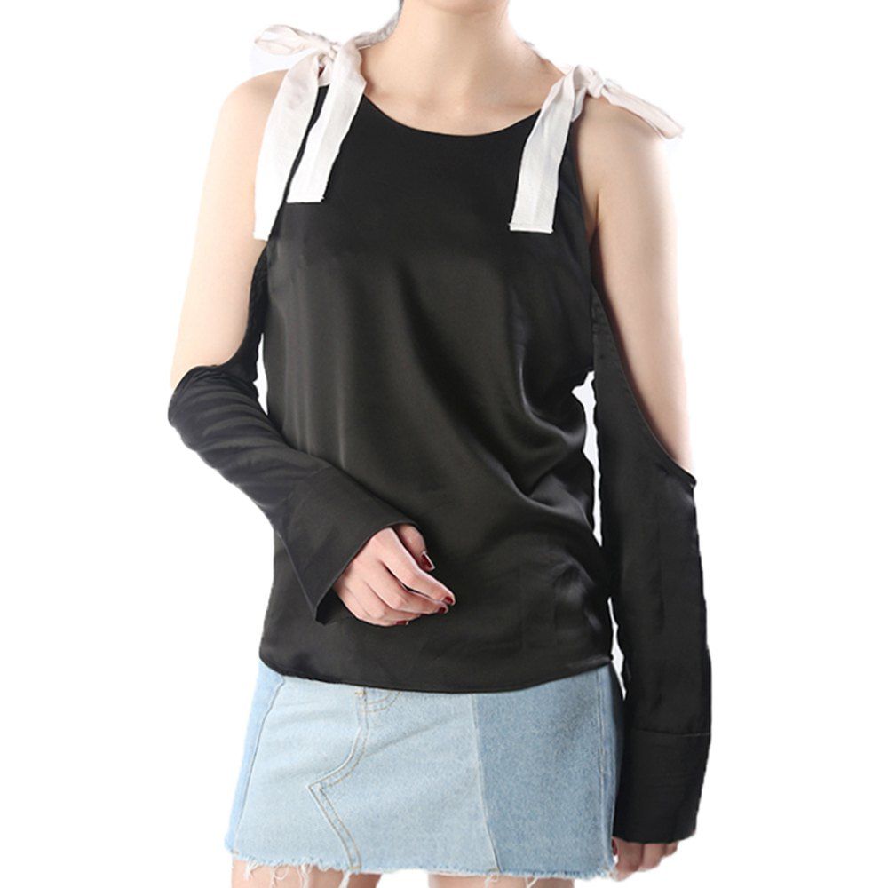 

HAODUOYI Women's Simple Lady Temperament Strapless Tie Bow T-Shirt Black