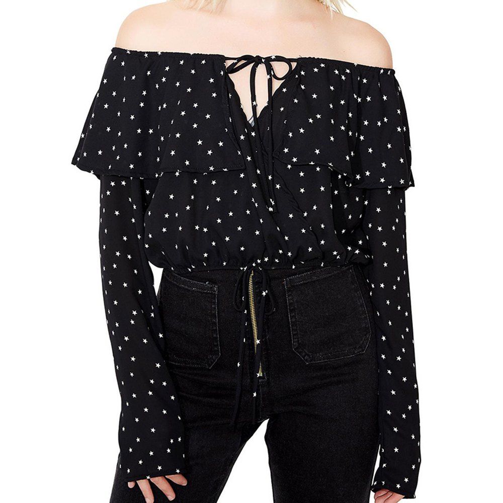 

HAODUOYI Women's Sweet and Sexy Sexy Word Collar Dot Print Shirt Black