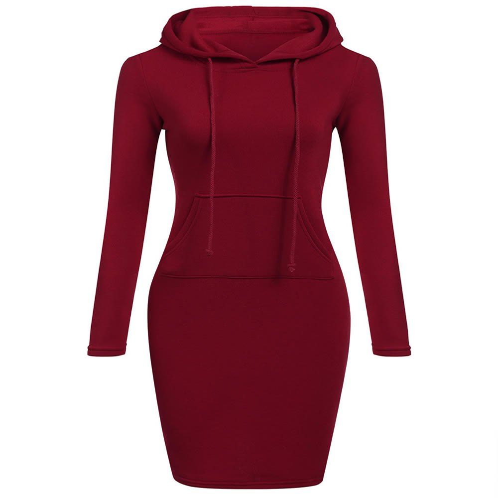 

Autumn Winter Three Color Hooded Lace Pocket Sweater Dress Female, Red