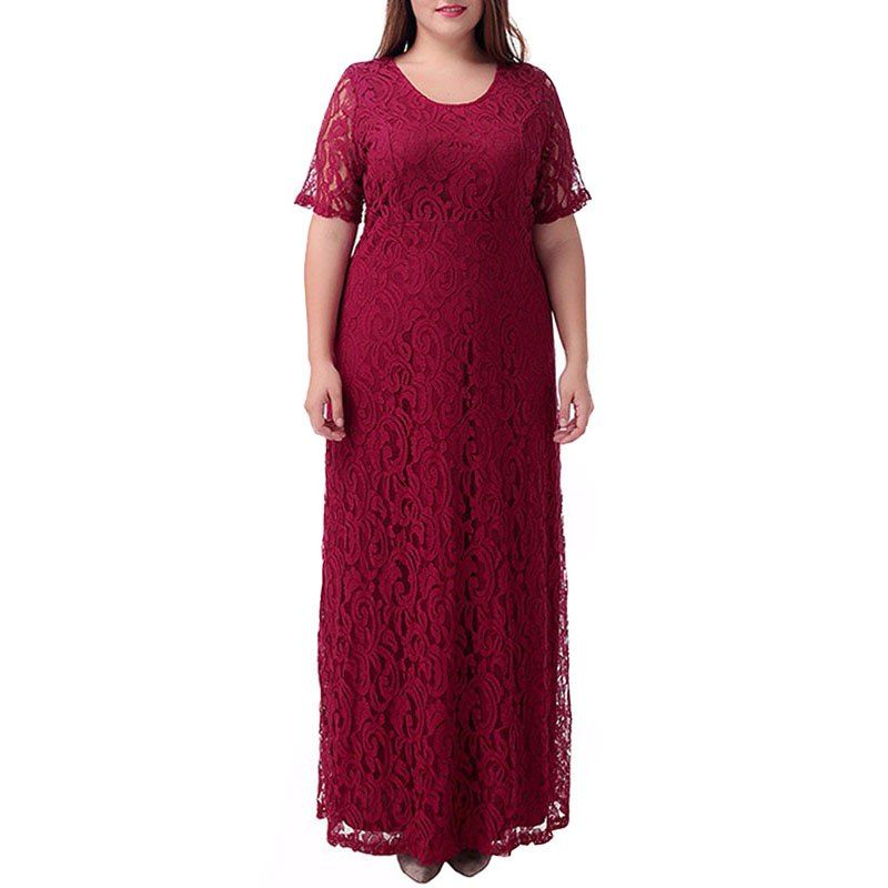 

Elegant Short Sleeve Lace Party Dress, Red wine