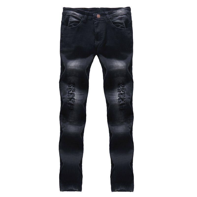 

Men's Fashion Wash Wrinkled Hole Casual Slim Jeans, Black