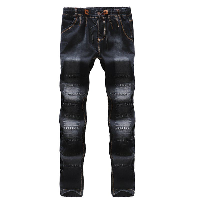 

Men's Fashion Pleated Hole Tie Loose Belt Casual Jeans, Black