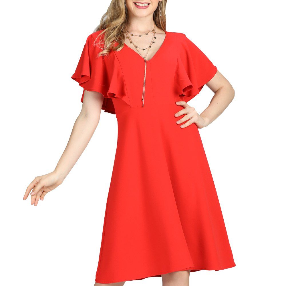 

SBETRO A-Line Dress Deep V Neck Flare Sleeve Solid Colored, Red