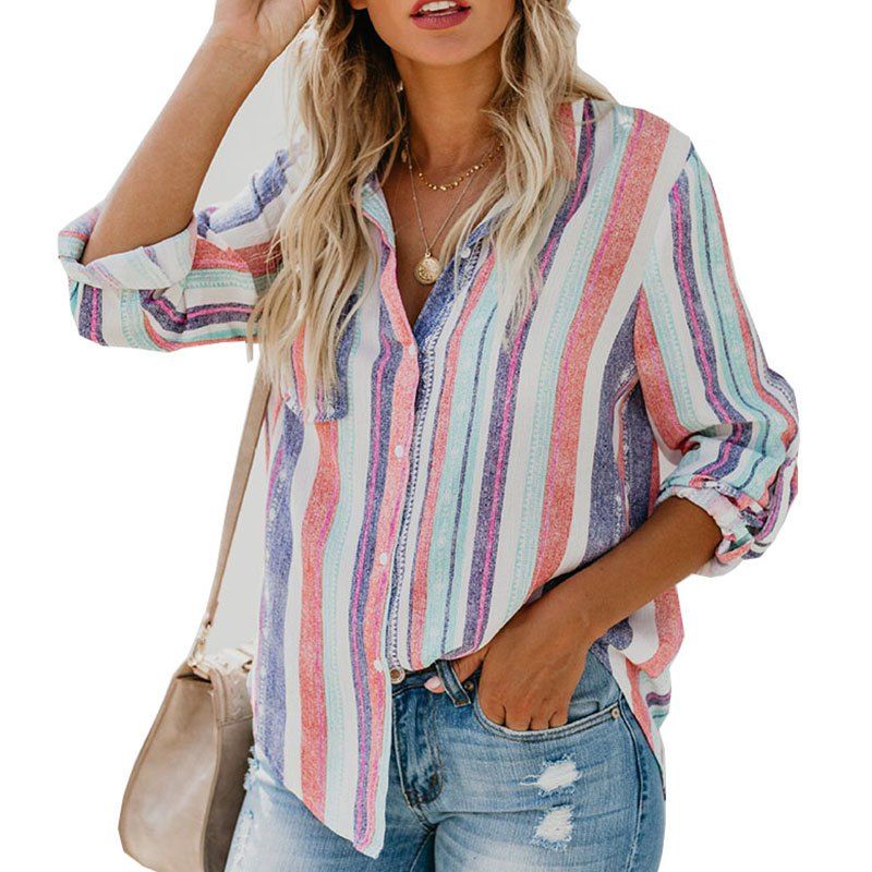 

New Women'S Fashion Color Striped Large Size Shirt, Red