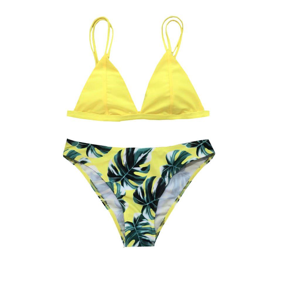 

2018 Euramerican Bikini Green Leaf Printed Swimsuit Two Sets of Swimming Suit, Yellow