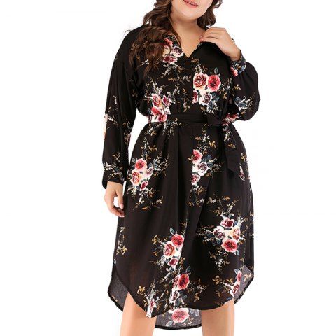 V Long Sleeve Bandage Printed Dress
